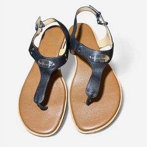 Michael Kors Black and Tan Logo Plate Leather Women's Sandals